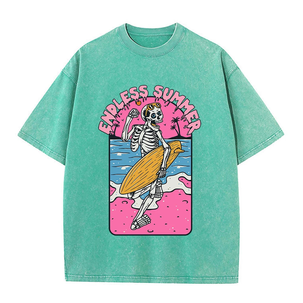 Green Endless Summer Skeleton tee size range display — XS to XXL cotton graphic t-shirt
