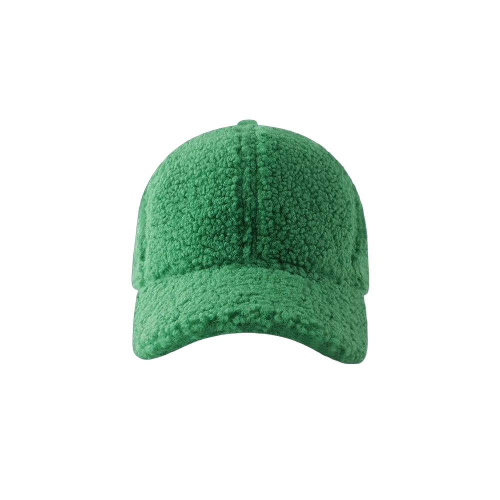 Green textured baseball cap on a solid green background