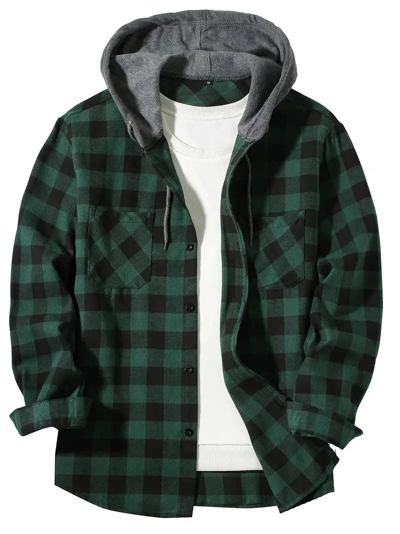 Green Hooded flannel shirt flat lay