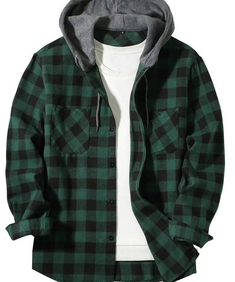 Green Hooded flannel shirt flat lay