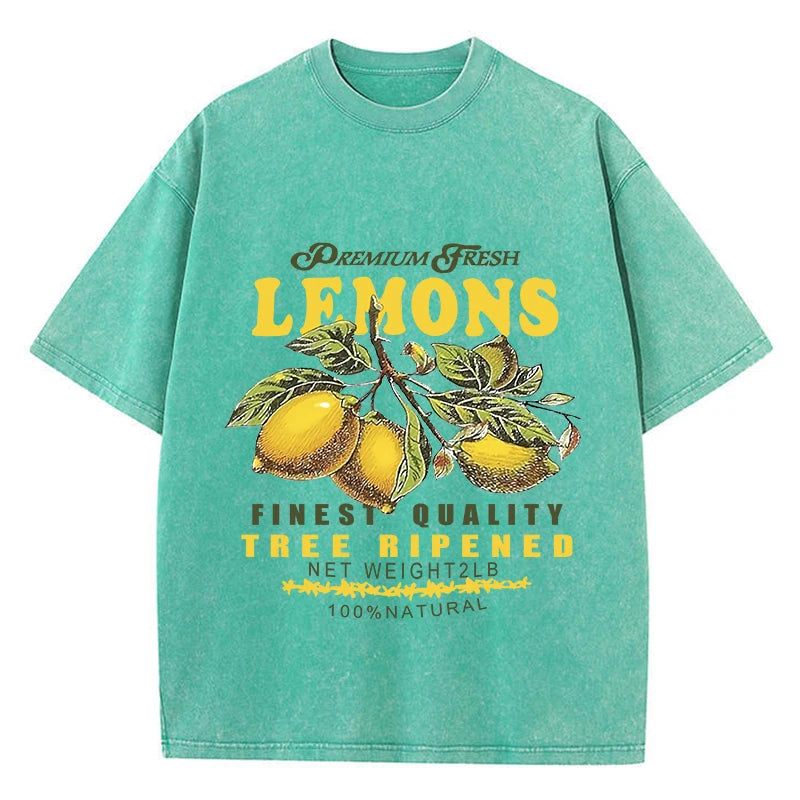 Green lemon graphic vintage wash tee on model in full lifestyle shot