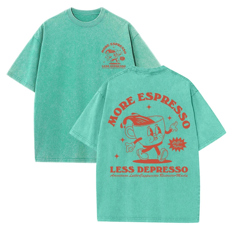 Green More Espresso Less Depresso oversized cotton graphic tee — front view
