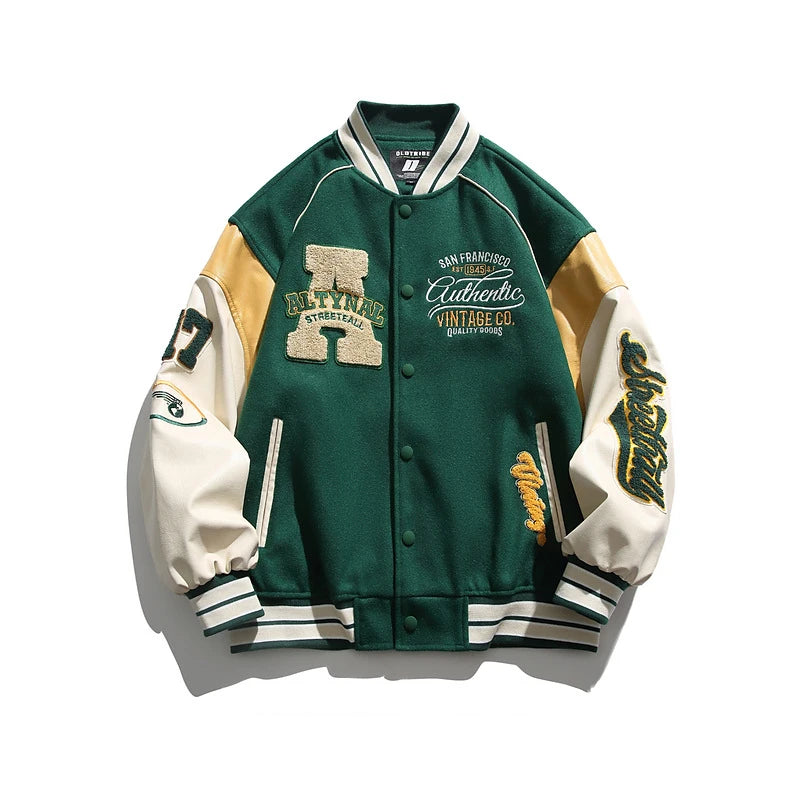 Green Oversized varsity letterman jacket worn, angled view