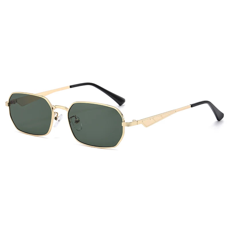Gold-framed sunglasses with green lenses on a white background