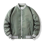 Green varsity jacket with white stripes on a white background