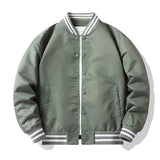 Green varsity jacket with white stripes on a white background
