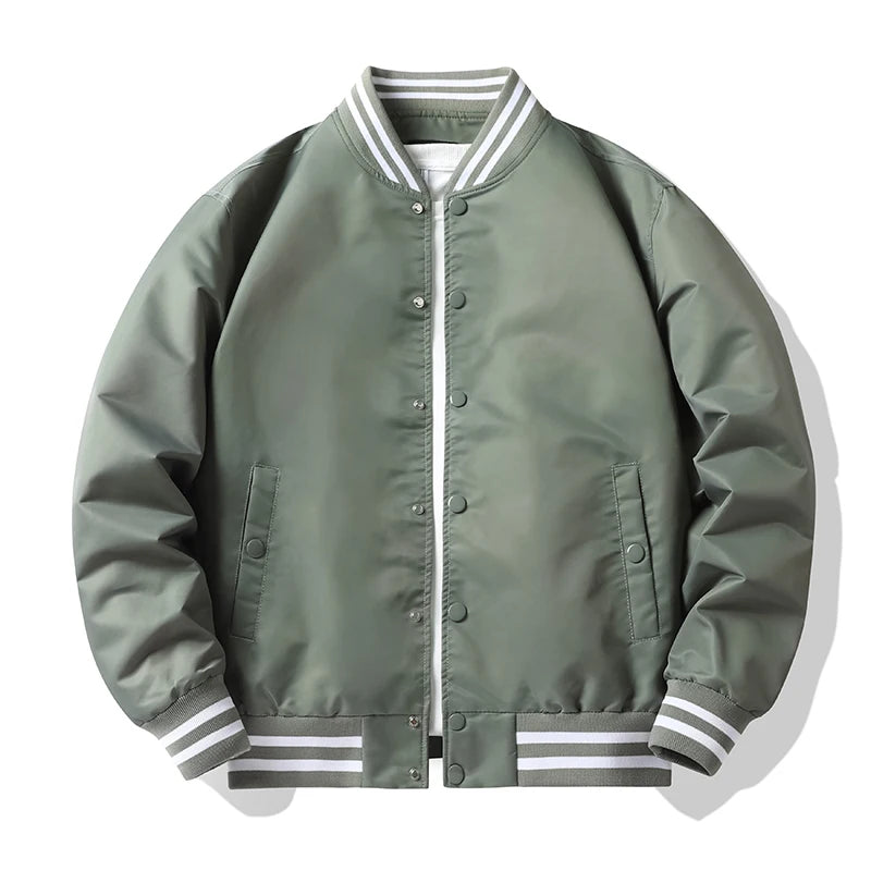 Green varsity jacket with white stripes on a white background