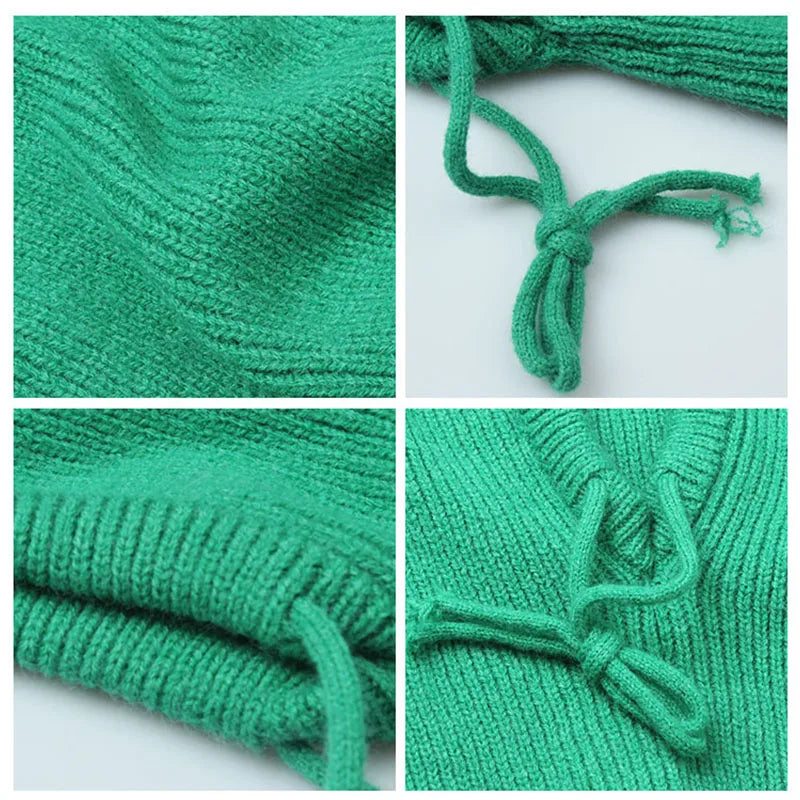 Collage of green knitted fabric with a knot on a white background