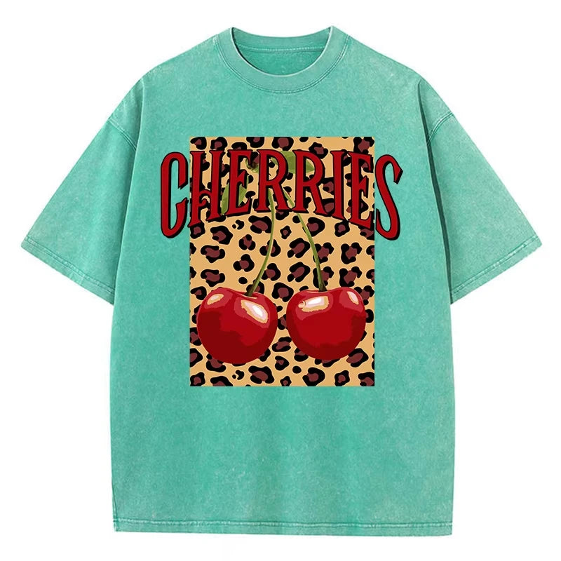 Green-Xy379 Model in loose fit cherry leopard O-neck graphic tee, outdoor