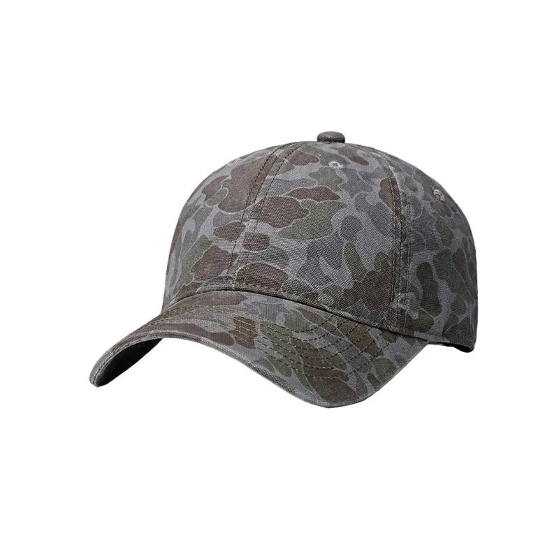 Camouflage-patterned baseball cap on a light gray background
