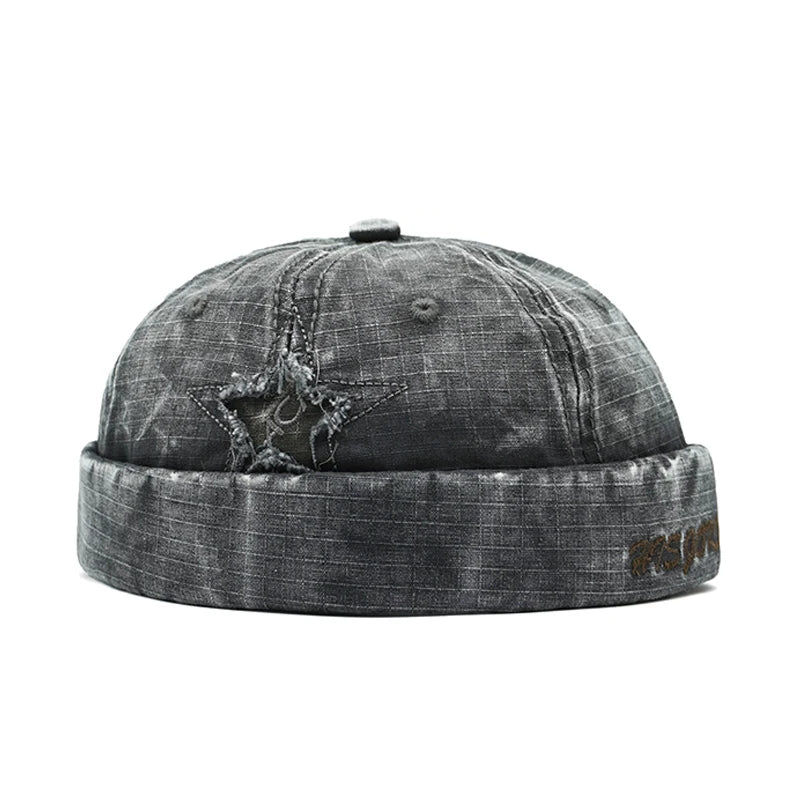 Grey Distressed star brimless hat worn, side view