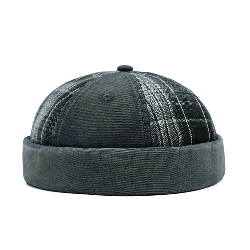 Grey Plaid docker cap worn, street style view