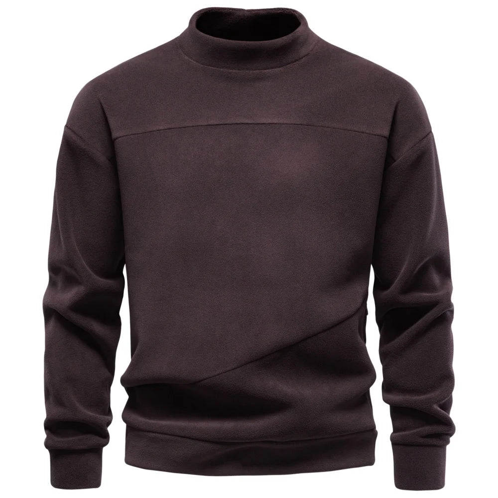Hd3054-Coffee Oversized mock neck sweatshirt on model, three-quarter view