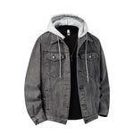 Detachable hood detail on men's denim trucker jacket