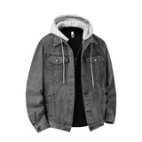 Detachable hood detail on men's denim trucker jacket