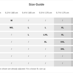 A size guide table showing height and weight ranges mapped to clothing sizes from M to 5XL, with columns for 5 ft 150 cm, 5 ft 160 cm, 5 ft 165 cm, 5 ft 170 cm, 5 ft 175 cm, 5 ft 180 cm, and 5 ft 185 cm.