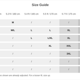 A size guide table showing height and weight ranges mapped to clothing sizes from M to 5XL, with columns for 5 ft 150 cm, 5 ft 160 cm, 5 ft 165 cm, 5 ft 170 cm, 5 ft 175 cm, 5 ft 180 cm, and 5 ft 185 cm.