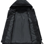 Black hooded jacket with a white background