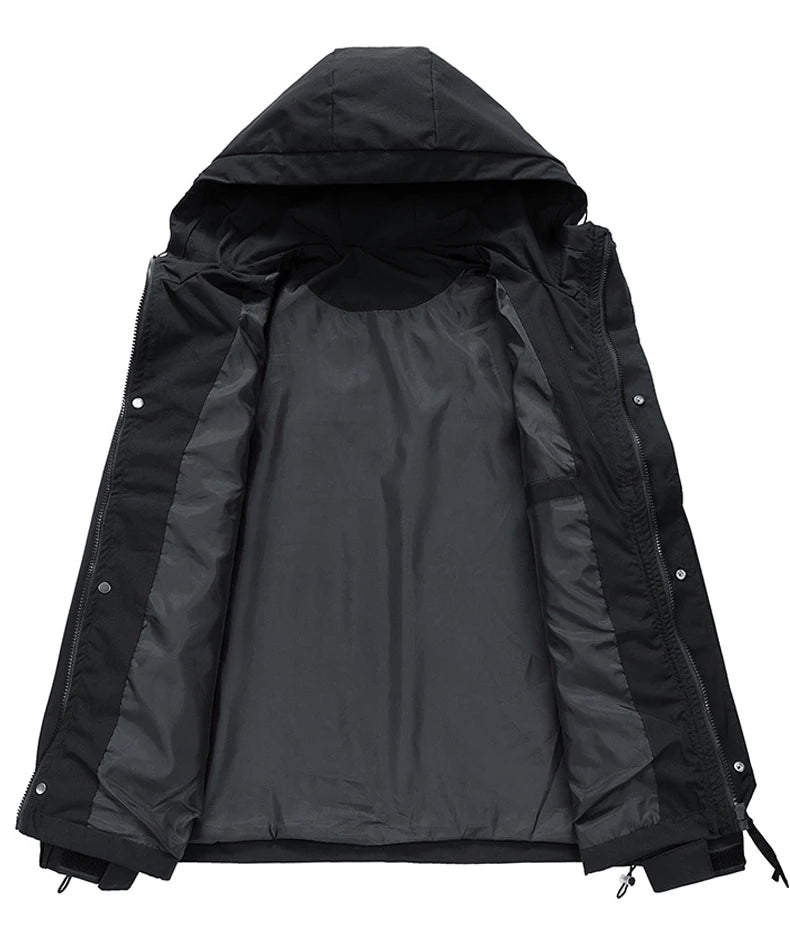 Black hooded jacket with a white background