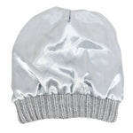 White satin bonnet with gray ribbed band on a white background