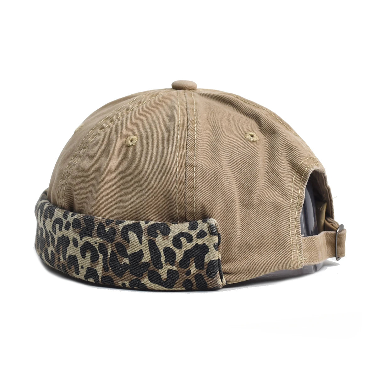 Beige cap with leopard print band on a white background