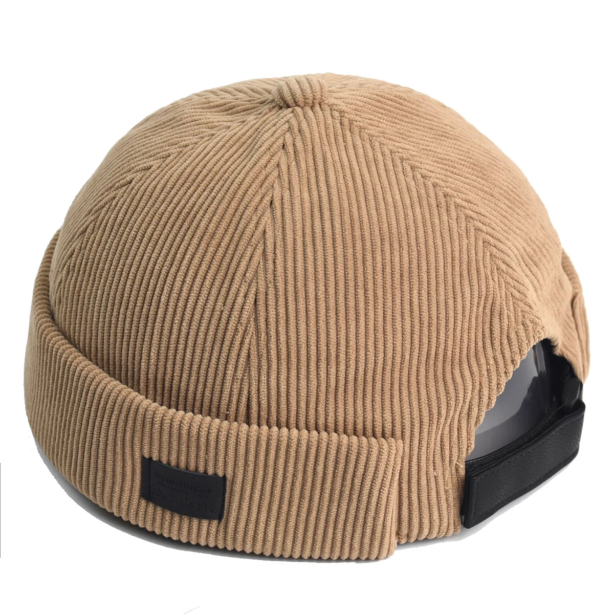 Khaki Corduroy brimless skullcap, lifestyle view