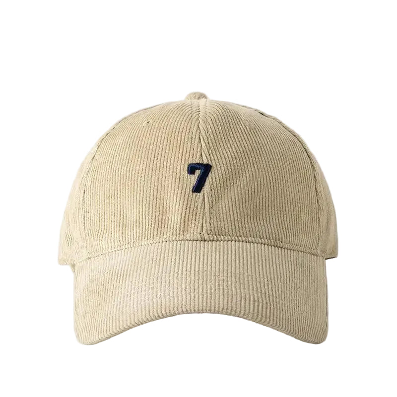 Khaki Corduroy baseball dad hat — worn low profile view