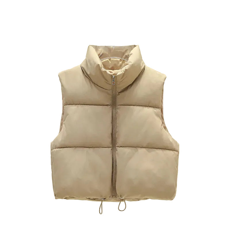 Khaki Cropped quilted puffer vest — zip pocket detail