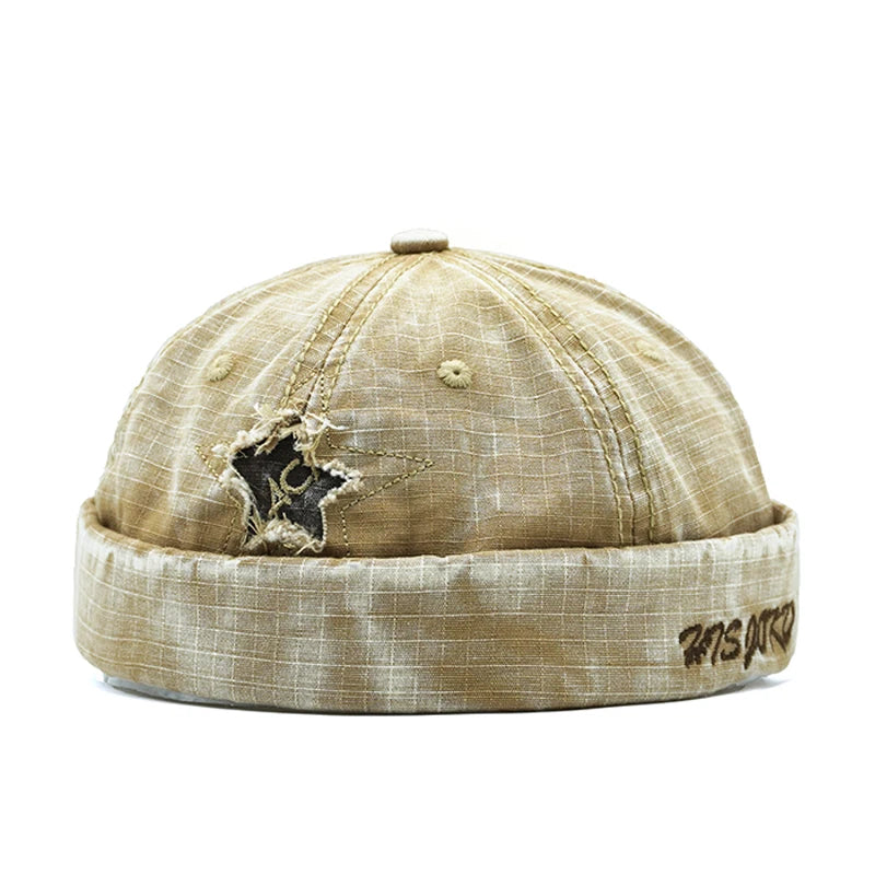 Khaki Distressed star brimless hat, lifestyle shot