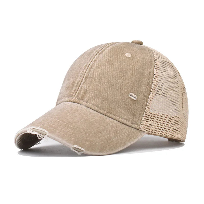 Khaki Distressed vintage wash trucker hat, second lifestyle shot