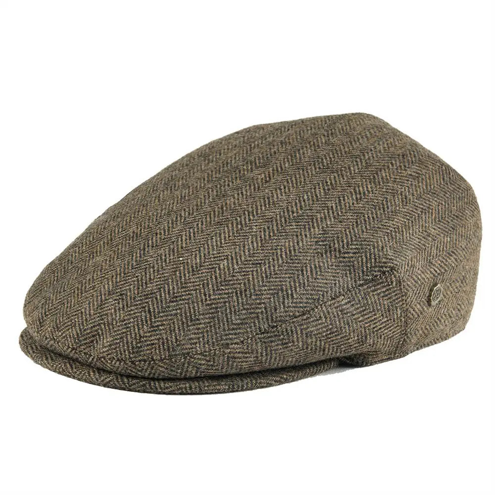 Khaki Herringbone tweed flat cap, flat lay