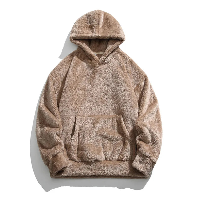 Khaki Oversized shaggy fleece hoodie, texture detail