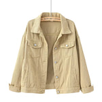 Khaki All nine colourways of the women's oversized denim jacket lined up — blue, white, pink, yellow, red, purple, black, khaki, sky blue