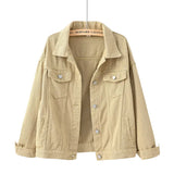 Khaki All nine colourways of the women's oversized denim jacket lined up — blue, white, pink, yellow, red, purple, black, khaki, sky blue