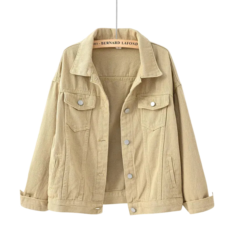 Khaki All nine colourways of the women's oversized denim jacket lined up — blue, white, pink, yellow, red, purple, black, khaki, sky blue
