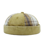 Khaki Plaid docker cap worn, casual outfit view