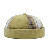 Khaki Plaid docker cap worn, casual outfit view