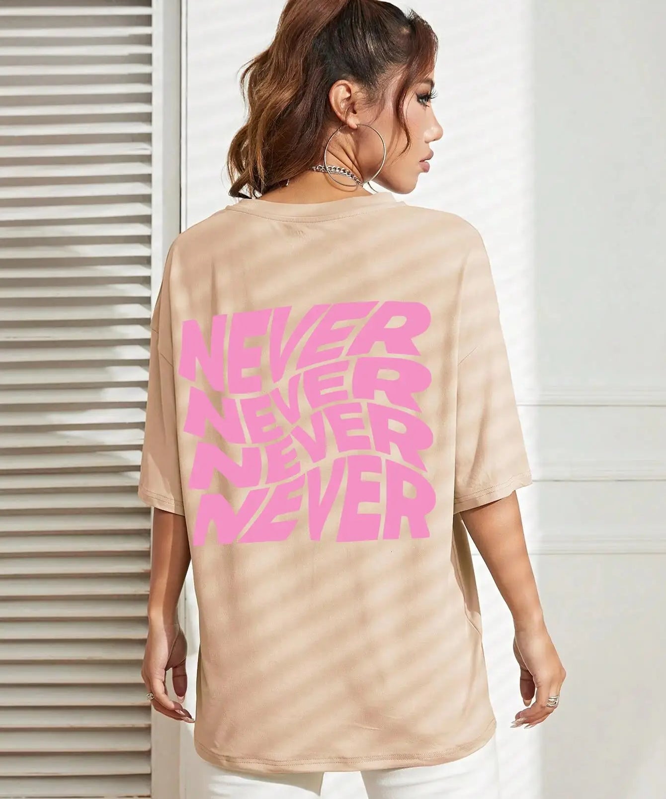 Khaki Wavy letter print oversized graphic tee — worn back view