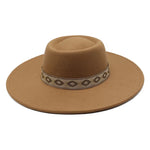 Khaki wide-brim felt fedora hat, styled outfit shot