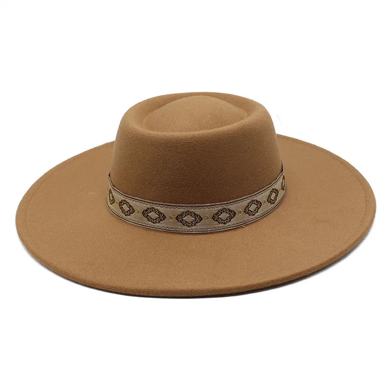 Khaki wide-brim felt fedora hat, styled outfit shot