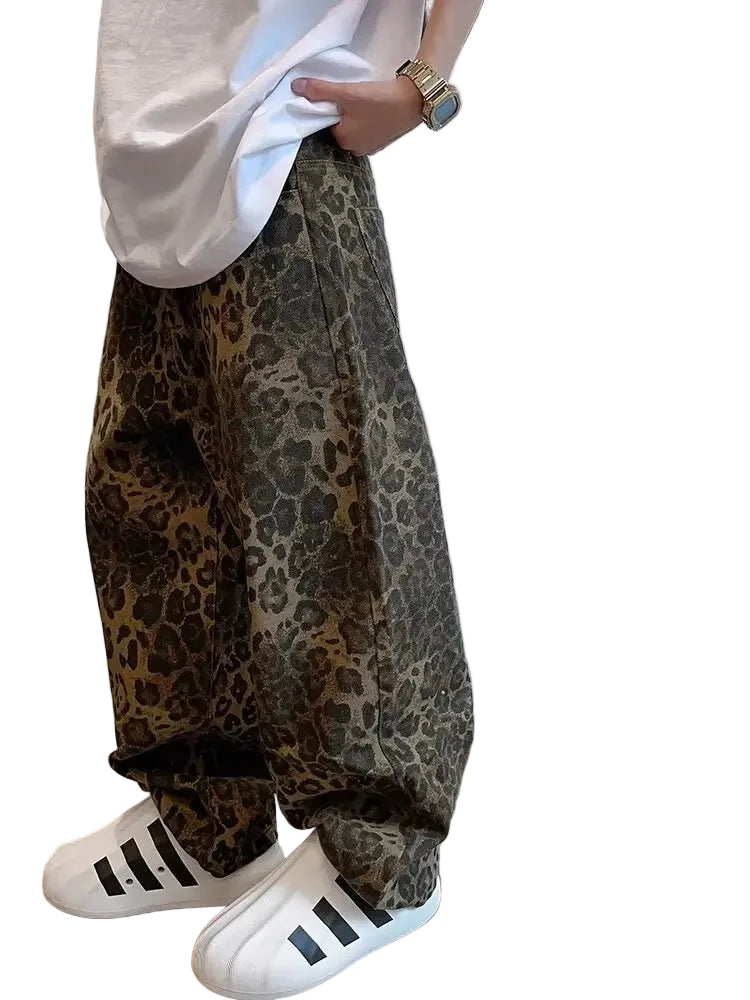 Leopard print baggy wide-leg jeans, back view