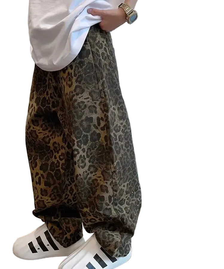 Leopard print baggy wide-leg jeans, back view