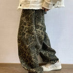 Leopard print wide-leg jeans, fabric and print detail