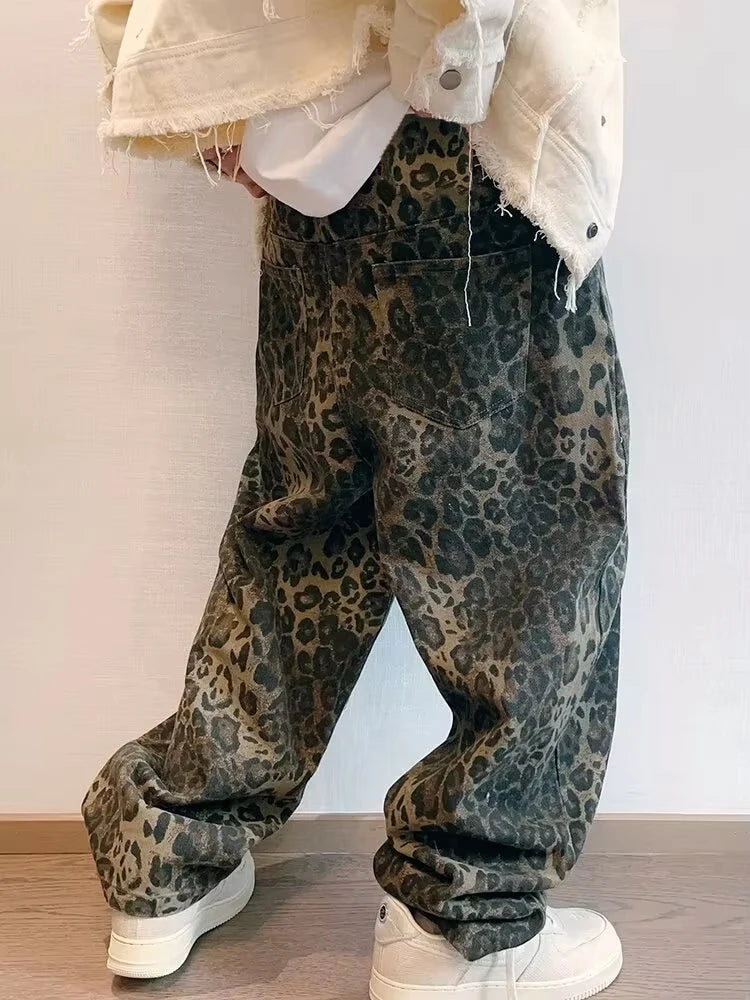 Leopard print baggy wide-leg jeans, side view