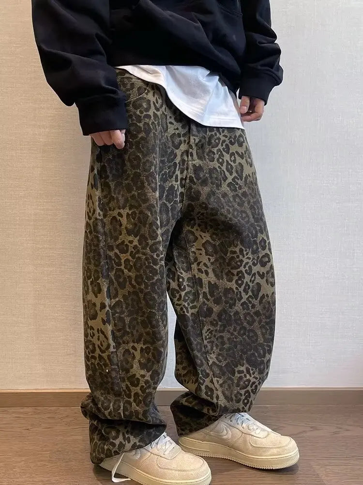 Leopard print baggy wide-leg jeans, styled outfit view