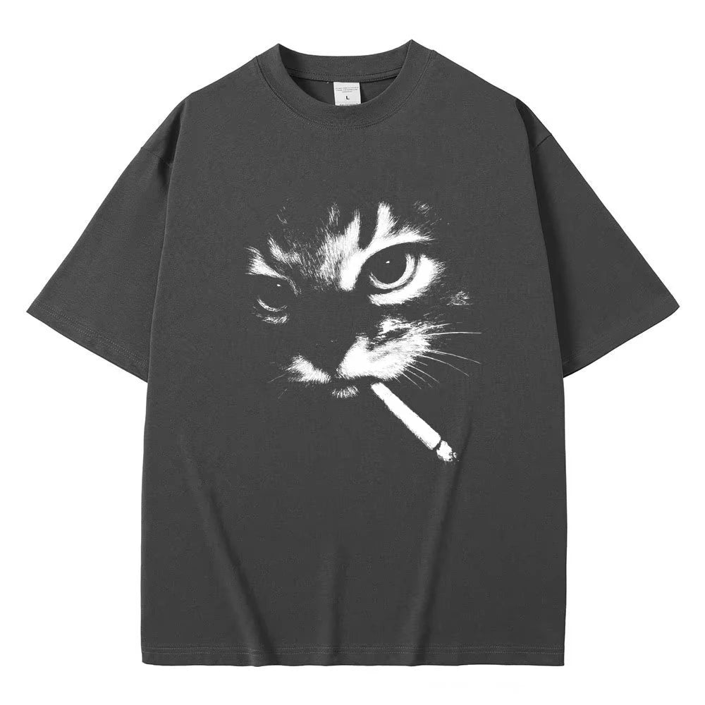 Light Black Smoking cat graphic tee — close-up of chest graphic print