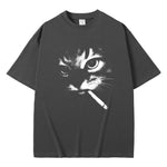 Light Black Smoking cat graphic tee — close-up of chest graphic print