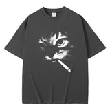 Light Black Smoking cat graphic tee — close-up of chest graphic print