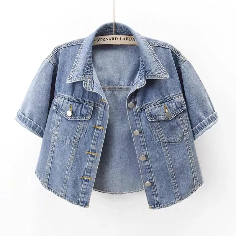 Light Blue Women's short sleeve cropped denim jacket, front view