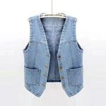 Light Blue Women's sleeveless denim vest jacket — styled outfit